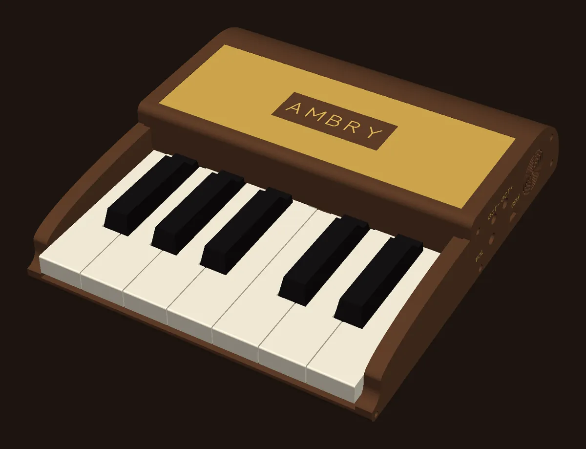 EP-1, a one-octave electric piano: a walnut-brown case with a gold lid and a walnut AMBRY badge, seven ivory keys and five black keys.
